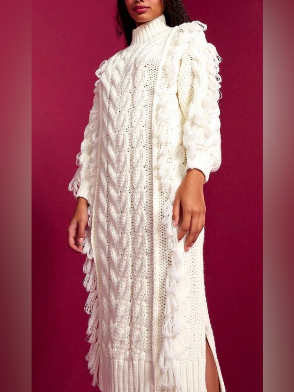 FARM RIO Ivory Cable Knit Fringe Midi Sweater Dress M MSRP $285 - Picture 2 of 10